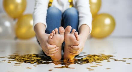Child sitting on floor playing with bare feet surrounded by golden confetti and blurred balloons
