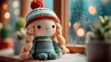 Cute knitted doll with blonde braids and a red pom-pom hat sits on a windowsill, surrounded by snow and soft bokeh lights, evoking a cozy winter atmosphere