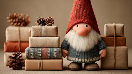 Charming gnome figurine with a red hat stands beside beautifully wrapped gifts and pine cones, creating a cozy holiday atmosphere filled with warmth and festive spirit