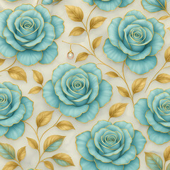 Luxurious turquoise roses with golden leaves on soft beige background, elegant floral illustration for premium decor, wallpaper design, or romantic art concept