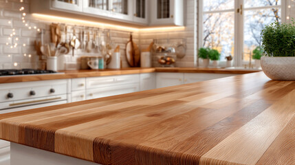 Wooden kitchen countertop with natural grain texture, surrounded by modern appliances and warm lighting, creating a cozy and inviting cooking environment for culinary activities