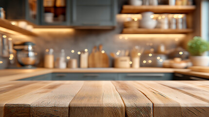 Wooden kitchen countertop with blurred background of shelves filled with kitchenware, illuminated by warm lights, creating a cozy and inviting atmosphere for culinary activities