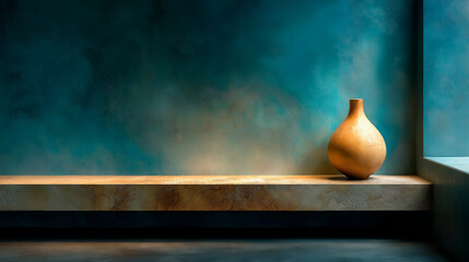 Elegant ceramic vase placed on a minimalist wooden shelf against a textured blue wall, creating a serene and artistic atmosphere for interior design inspiration