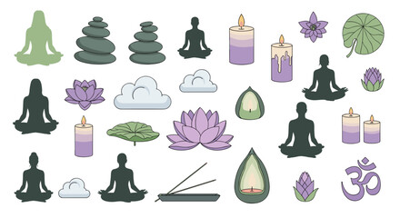 Collection of yoga, meditation, and wellness icons on a