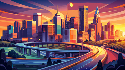 Fototapeta premium Very beautiful Atlanta city skyline at sunset with highways curving through the scene, modern downtown buildings glowing in warm light, vibrant urban landscape, and clear evening sky over Georgia, USA