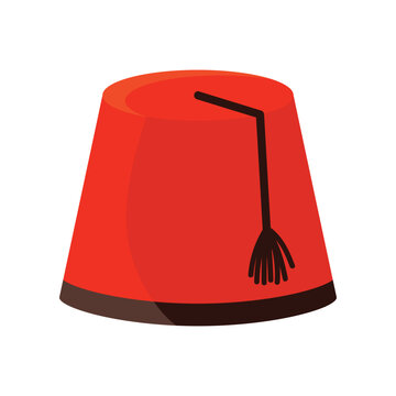 Classic Turkish fez hat with tassel in red color on white isolated background vector illustration