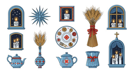 Collection of traditional ukrainian folk art elements with candles and wheat