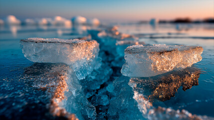 Close-up view of cracked ice on a frozen lake, reflecting soft sunlight, showcasing intricate textures and patterns in the icy surface, creating a serene winter atmosphere