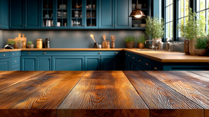 Rustic wooden countertop in a modern kitchen featuring blue cabinetry, large windows, and vibrant greenery, creating a warm and inviting culinary atmosphere