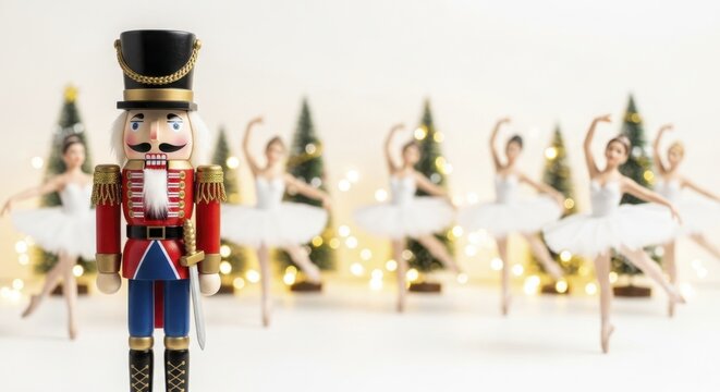 Festive Nutcracker Toy Soldier Figure with Blurred Ballerinas and Sparkling Christmas Trees