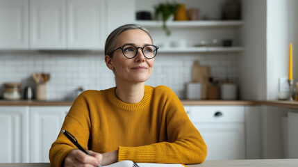 Woman writing in a notebook, wearing glasses and a yellow sweater, smiling while looking away with a thoughtful and enthusiastic expression, planning her day and future success in a kitchen setting