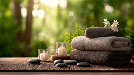 Soft towels stacked neatly on a wooden surface, surrounded by candles and smooth stones, creating a serene spa atmosphere with natural greenery in the background