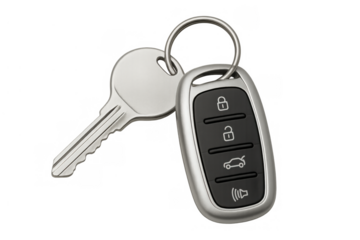 Car remote key and traditional metal key on a keyring for vehicle access, security, and transportation, transparent background