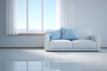 Fototapeta premium White sofa with blue pillows in a bright, modern room with sheer curtains and large window, concept of minimalist interior design.