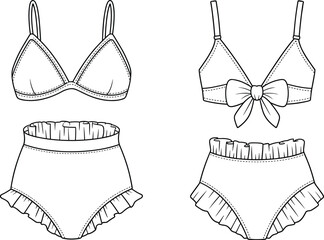 Lingerie and Sleepwear Technical Flat Sketch Vector Set, Featuring Two Styles of Bralettes and High-Waisted Panties with Ruffles and Center Front Bow Detail, CAD Drawing Flat Vector Illustration