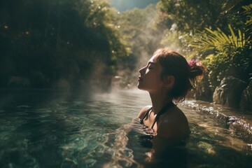A woman enjoys quiet relaxation in a steaming hot spring, surrounded by mist and natural light symbol of calm, healing, and self-care. 