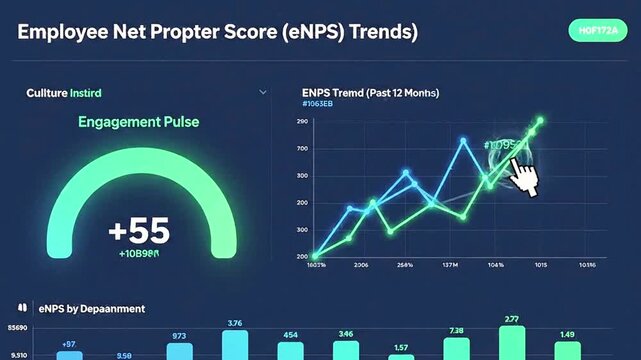 A data visualization presents employee net promoter score trends, charts, and engagement metrics