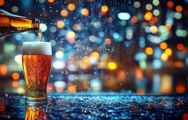 Freshly poured cold beer in a wet glass on the bar counter with colorful neon lights in the evening atmosphere of a pub for the celebration of Beer Day.