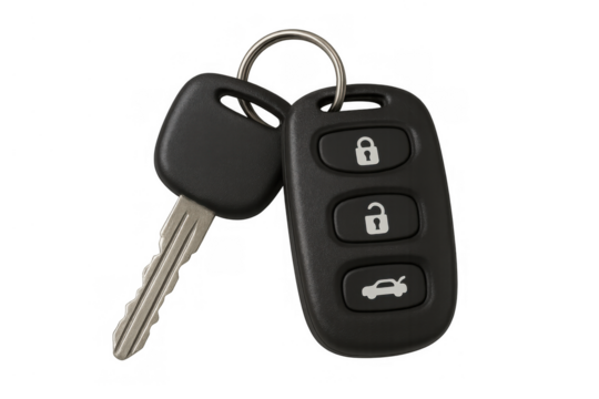 Car key and remote fob for vehicle access and security, unlocking functions, starting automobile engine