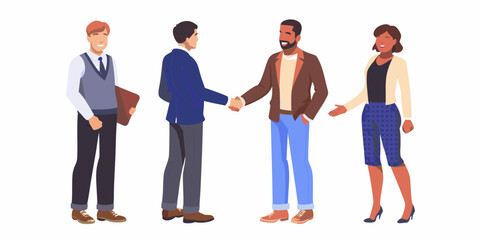 Diverse group of business professionals shaking hands and greeting each other in a modern office setting