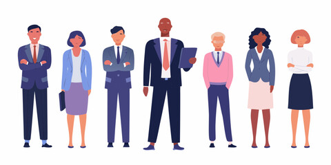 Diverse group of business professionals standing together in a line on white background