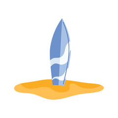 Blue surfboard upright in yellow sand, isolated on white background for Portugal beach themes vector illustration