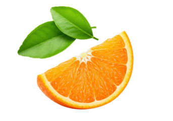 A vibrant, half-cut, juicy orange slice showing glistening pulp and two green citrus leaves (one with bokeh) on a transparent studio background with copy space, concept for refreshing beverage