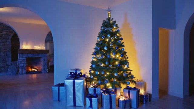 A Christmas tree in a romantic room atmosphere with many gift boxes and light during a night fireplace in the room next to it 4K