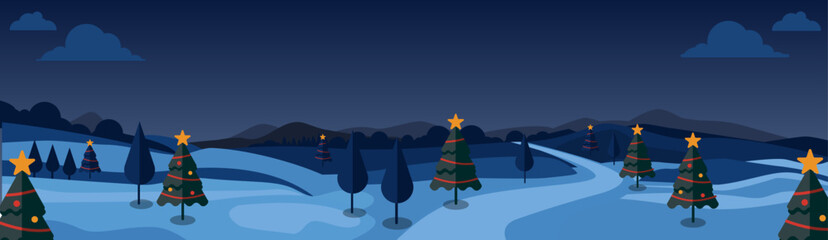 Decorated Christmas Trees on Snowy Hills – Festive Winter Night Illustration