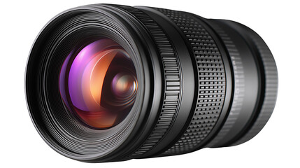 Close-up of camera lens for photography isolated on white background or transparent png, detailed optical equipment for capturing sharp images.