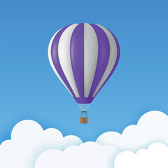 Vector Travel Banner with 3d Realistic Purple and White Hot Air Balloon Icon on a Blue Sky Background. Design Template, Summer Vacation, Travelling, Tourism and Journey Concept