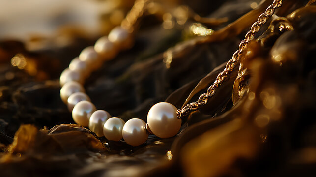 Elegant pearl necklace with a gold chain, lying on textured, natural surface. A blend of luxury and organic beauty. Timeless accessory. Shimmering pearls. #Elegance