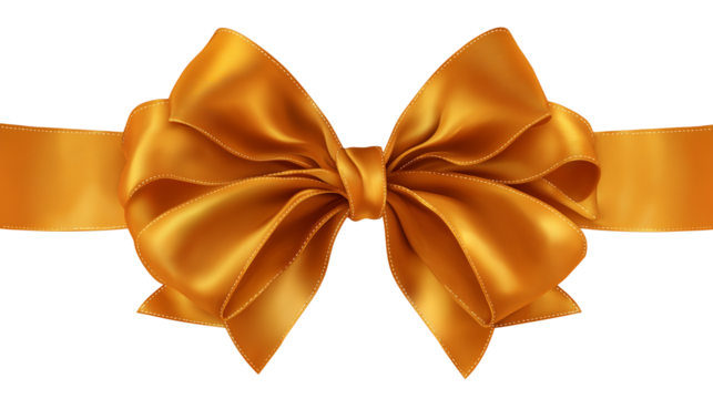Gold  ribbon bow with smooth satin texture, neatly tied and isolated clearly on a white or transparent background for decorative use.