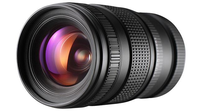 Close-up of camera lens for photography isolated on white background or transparent png, detailed optical equipment for capturing sharp images. - Powered by Adobe