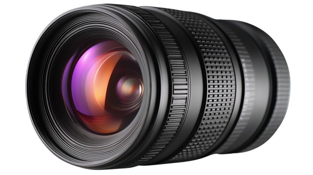 Close-up of camera lens for photography isolated on white background or transparent png, detailed optical equipment for capturing sharp images.
