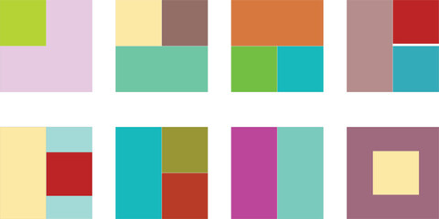 Eight colorful square compositions, each featuring a unique arrangement of geometric shapes and vibrant color palettes