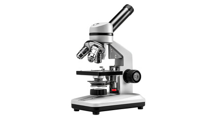 Traditional microscope isolated on white background or transparent png, classic optical instrument for magnifying small specimens in scientific research and education.