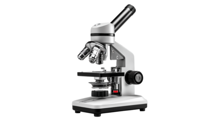 Traditional microscope isolated on white background or transparent png, classic optical instrument for magnifying small specimens in scientific research and education.