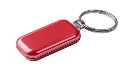 Red rectangular blank metal key medal isolated on white background or transparent png, shiny collectible emblem with vibrant color and simple design.