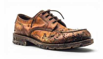 A shoe covered in mud, with white background