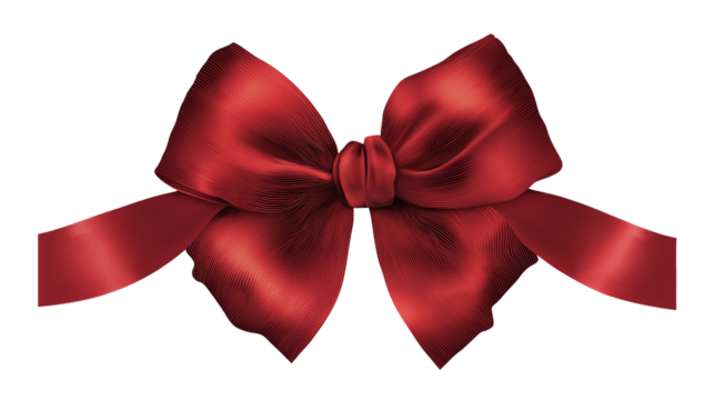 Red ribbon bow with smooth satin texture, neatly tied and isolated clearly on a white or transparent png background for decorative use.