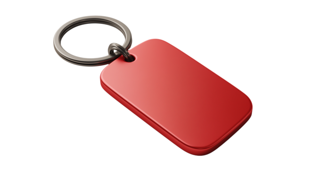 Red rectangular blank metal key medal isolated on white background or transparent png, shiny collectible emblem with vibrant color and simple design.