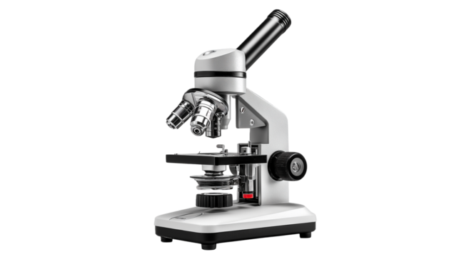 Traditional microscope isolated on white background or transparent png, classic optical instrument for magnifying small specimens in scientific research and education.