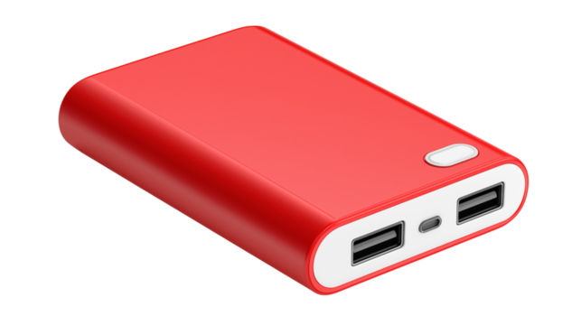 Red powerbank isolated on white background or transparent png, portable external battery for charging smartphones, tablets, and electronic devices on the go. - Powered by Adobe