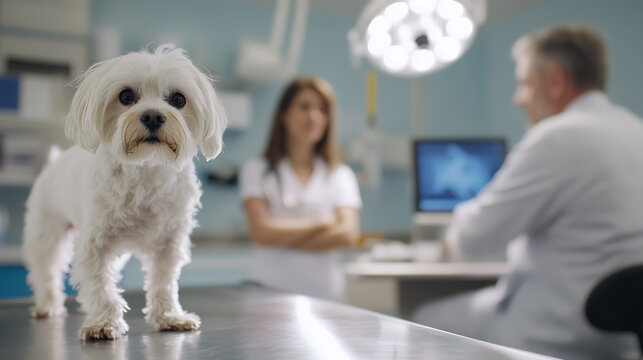 Fluffy white dog at the vet for a check-up with a vet and a vet assistant in the background. The examination room is modern and clean, with a bright light overhead. - Powered by Adobe