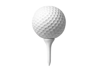 Golf ball sitting on a white golf tee, ready for a swing. Equipment for game and sport activities, isolated