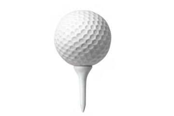Golf ball sitting on a white golf tee, ready for a swing. Equipment for game and sport activities, isolated