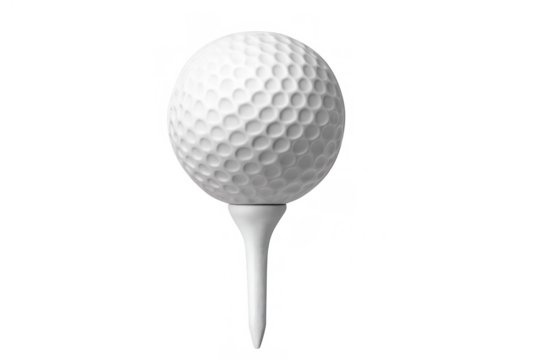 Golf ball sitting on a white golf tee, ready for a swing. Equipment for game and sport activities, isolated