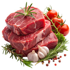 Raw Beef Steaks With Fresh Rosemary Tomatoes and Garlic on Black Background meat isolated on a transparent background