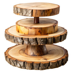 Rustic Three Tiered Wooden Cake Stand Made From Slices of Tree Trunk graphic design isolated on a transparent background